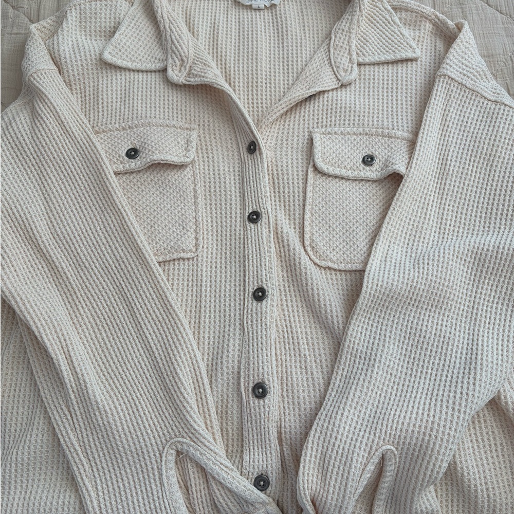 Cream Button-Up Waffle Knit Shirt
